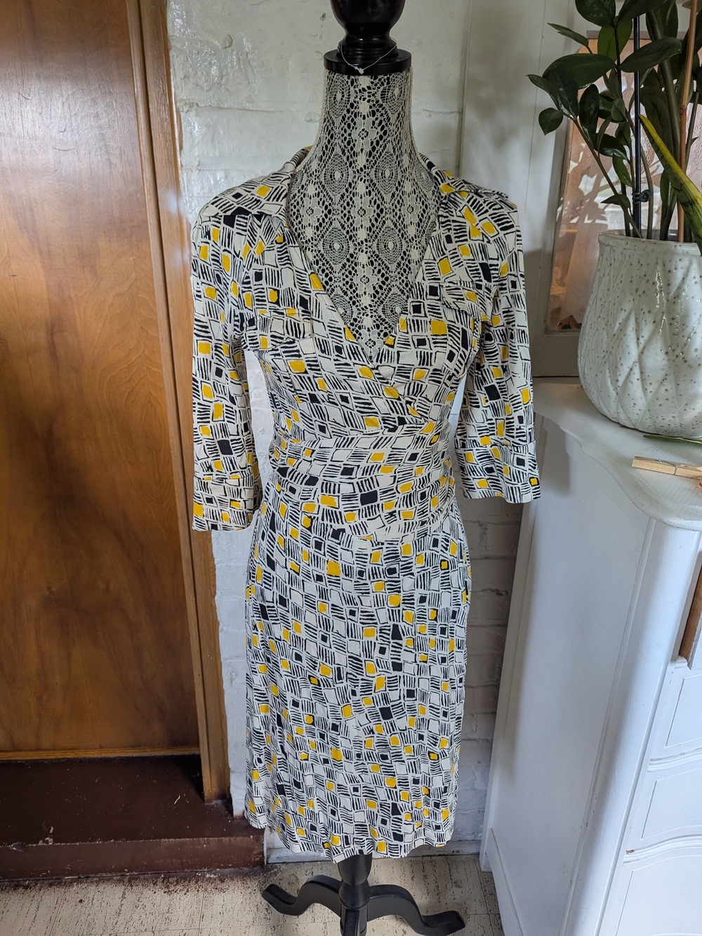 DVF Wrap-Style Geometric Print Dress in White, Black & Yellow